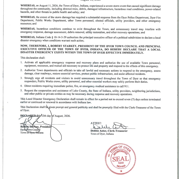 Declaration of Local Disaster Emergency - Dyer, Indiana