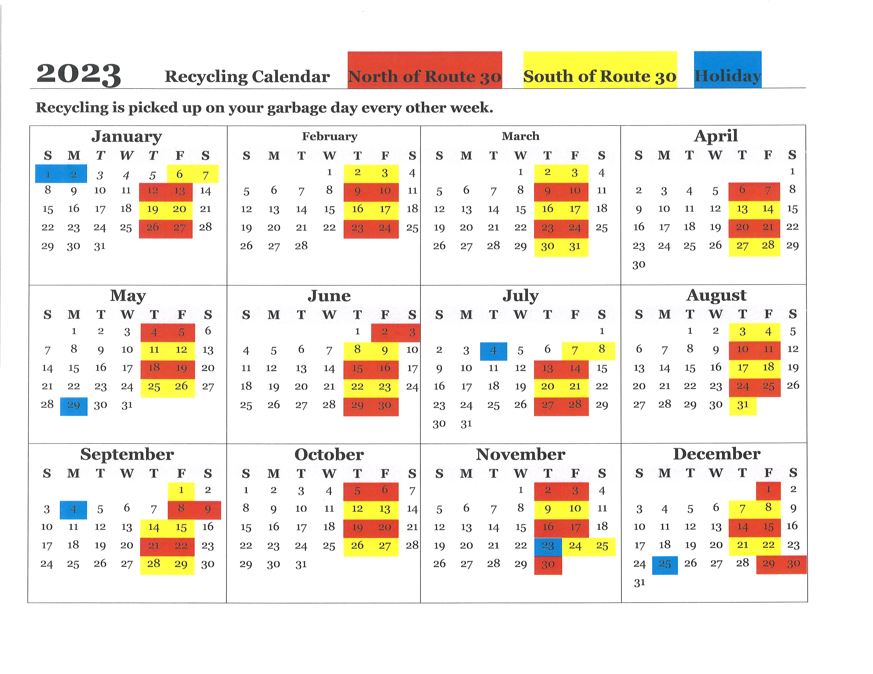2023 Recycle Calendar Town Of Dyer